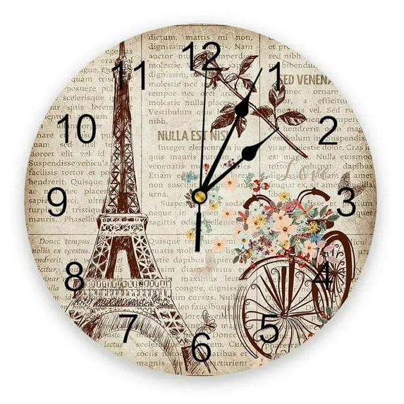 Paris Tower Flowers House Building Wall Clocks Non Ticking for Girl Boy Bedroom Bathroom Kitchen Living Room Office Round Clock(12 Inch)