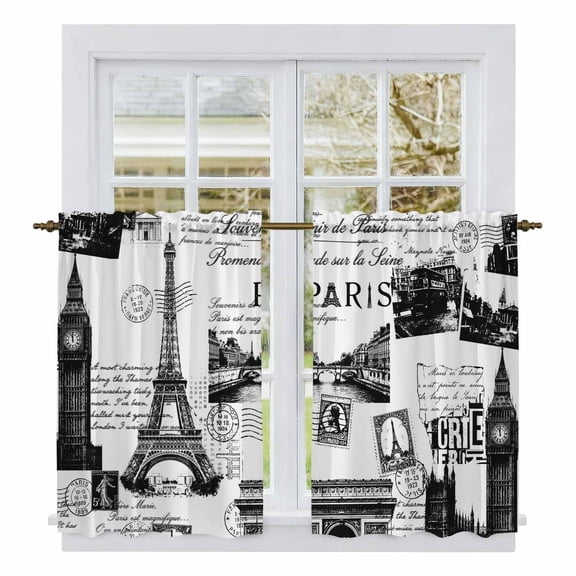 Paris Tower Kitchen Curtains 45 Inch Length, Vintage Architectural Hand-Painted Aesthetic Tiers Curtains for Bathroom Bedroom Cafe, Light Filtering Small Window Treatment Drapes 2 Panels 42"Wx45"L