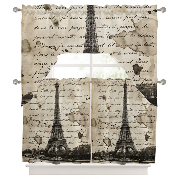 Paris Tower Kitchen Curtains Swag Valance and Tier Curtains Set 36 Inch Length, Vintage Words Beige Grey Rod Pocket Drape Panels Pair Swag Curtains for Bathroom/Cafe/Window