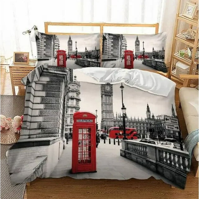 Paris Tower London ry Big Ben Red Telephone Booth Bus Print Bedding Set