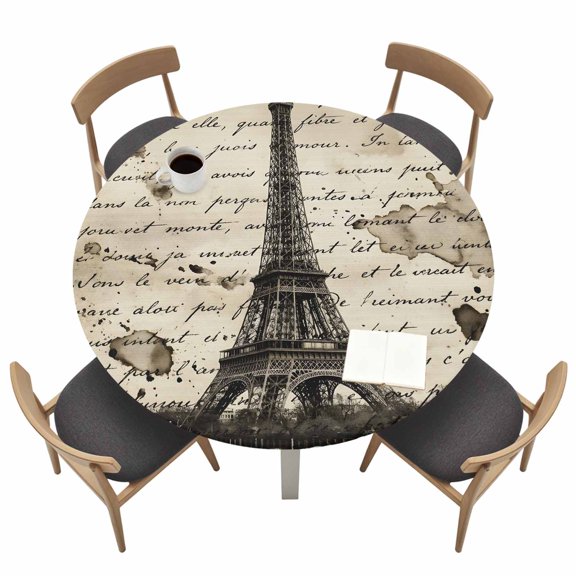 Paris Tower Round Fitted Table Cover Nostalgic Retro Travel Brown Romantic City Vintage Script Waterproof Table Cloth with Elastic Edge Wipeable Tablecloth for Picnic Camping Fits 55"-60" Tables