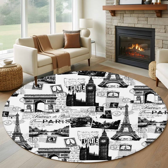 Paris Tower Round Rug 8ft Washable Circle Rugs Non Slip Vintage Architectural Hand-Painted Aesthetic Large Area Rug Indoor Floor Carpet for Bedroom Kitchen Living Room Home Office Dining Room Nursery