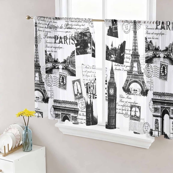 Paris Tower Sheer Curtains 54 Inches Length 2 Panels Set, Window Sheer Curtains for Living Room/Bedroom, Vintage Architectural Hand-Painted Aesthetic Light Filtering Rod Pocket Curtain 52''x54''x2