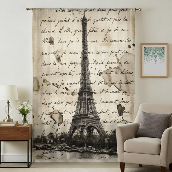 Paris Tower Sheer Curtains 54 Inches Long for Bedroom, Vintage Words Beige Grey Light Filtering Privacy Drapes, Breathable Semi Sheer Window Treatment for Bathroom Dining Room Kitchen