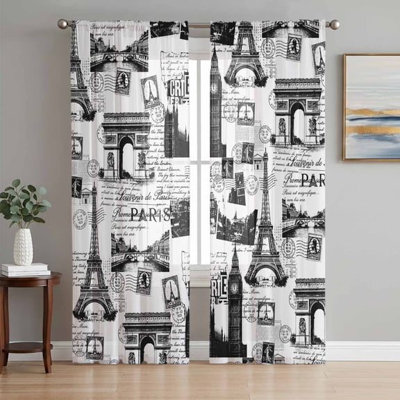 Paris Tower Sheer Curtains 72 Inch Length 2 Panels for Living Room, Vintage Architectural Hand-Painted Aesthetic Voile Kitchen Curtain Set, Luxury Privacy Drapes Window Treatment for Bedroom