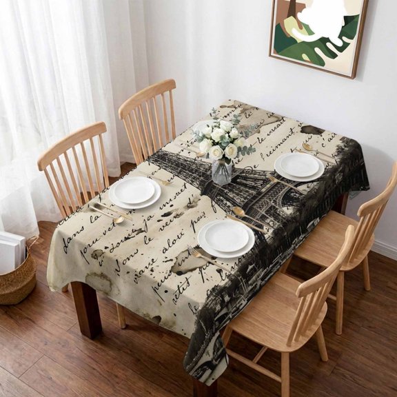 Paris Tower Table Cloth Waterproof Tablecloths, Vintage Words Beige Grey Tablecloth Dining Table Cover for Kitchen Party Tabletop Outdoor, Rectangle Tablecloth 52x70 Inch