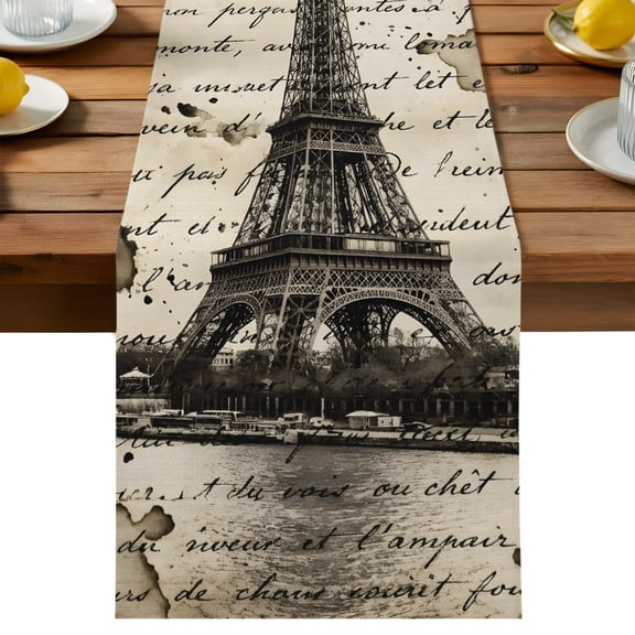 Paris Tower Table Runner Dresser Scarves, Vintage Beige Script Landmark Travel Table Runners 120 Inches Long,Non-Slip Washable Kitchen Dining Coffee Table Decor for Farmhouse Party Holiday Dinner