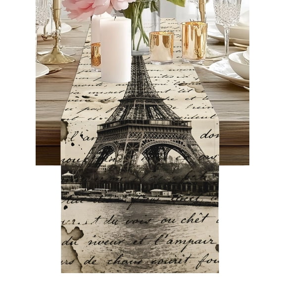 Paris Tower Table Runners 48 Inches Long Vintage Beige Script Landmark Travel Kitchen Dining Table Runner Dresser Scarves for Party Coffee Holiday Party Decor