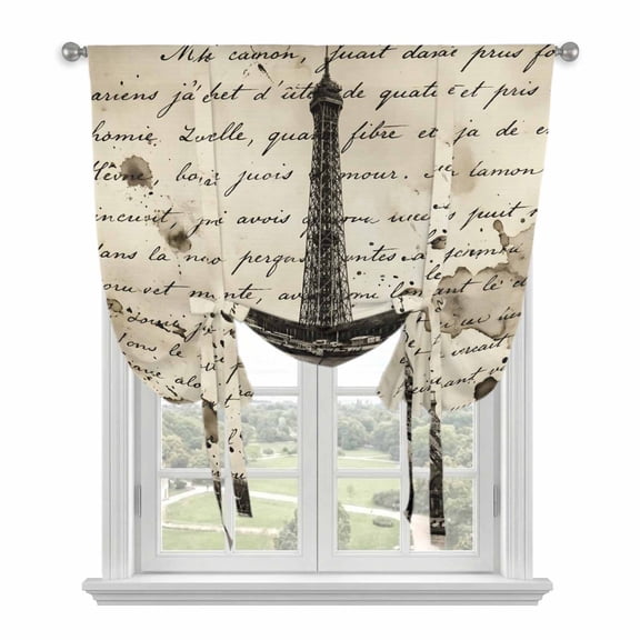 Paris Tower Tie Up Curtains for Window, Thermal Insulated Balloon Shade Adjustable Rod Pocket Curtains Valance Panels for Kitchen Bathroom Cafe 34 x 45 Vintage Words Beige Grey