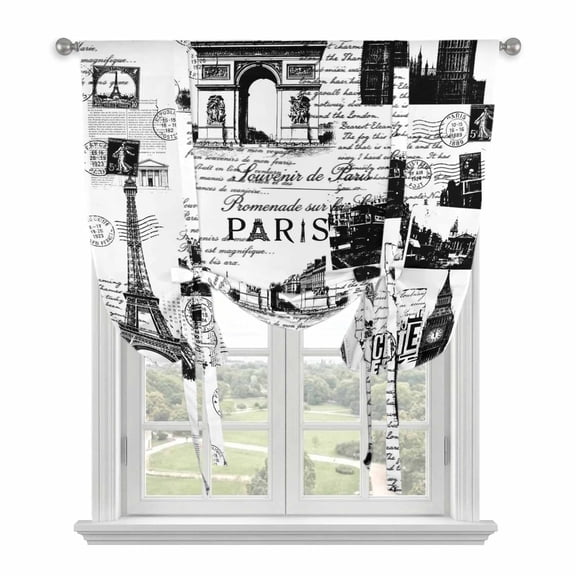 Paris Tower Tie Up Curtains for Windows, Balloon Window Shades, Vintage Architectural Hand-Painted Aesthetic Kitchen Window Treatments Roll Up Curtain for Basement/Nursery 52"x45"