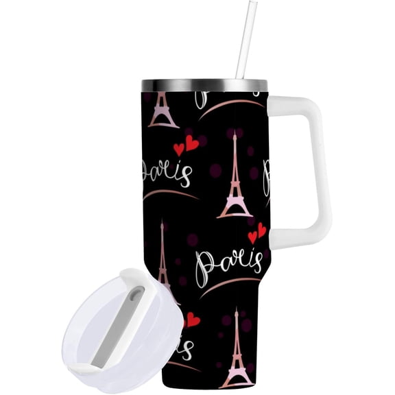 Paris Tower Tumbler Handle Lid and Straw Hearts Water Bottle Stainless Steel Coffee Travel Tumbler Mug Cup Gifts for Men Women 30oz