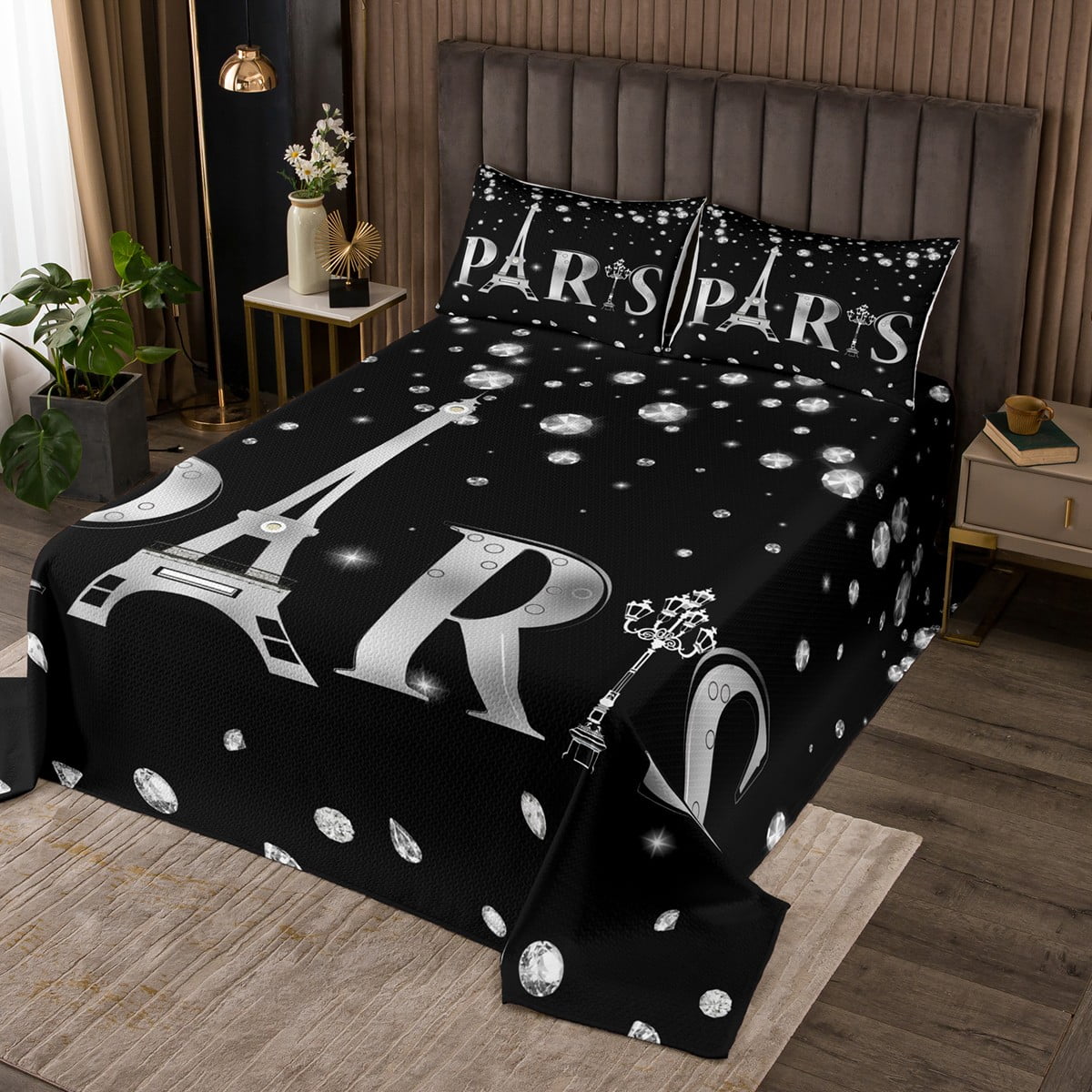 Paris Twin Size Coverlet Set Eiffel Tower with Glitter Diamond