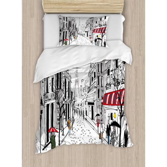 Paris Twin Size Duvet Cover Set, Old French Pedestrians Stores Trees and the Silhouette of Eifffel Urban Illustration, Decorative 2 Piece Bedding Set with 1 Pillow Sham, Multicolor, by Ambesonne