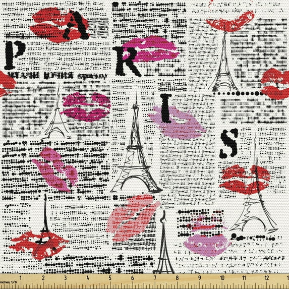 Paris Upholstery Fabric by the Yard, Eifel Tower Sketches and Lipstick Kises Pattern, Decorative Fabric for DIY and Home Accents, 1 Yard, Charcoal Grey Multicolor by Ambesonne
