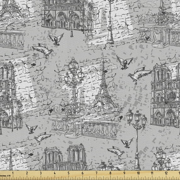 Ambesonne Paris Fabric by the Yard Upholstery, Seine River Notre Dame, 2 Yards, Grey Black White