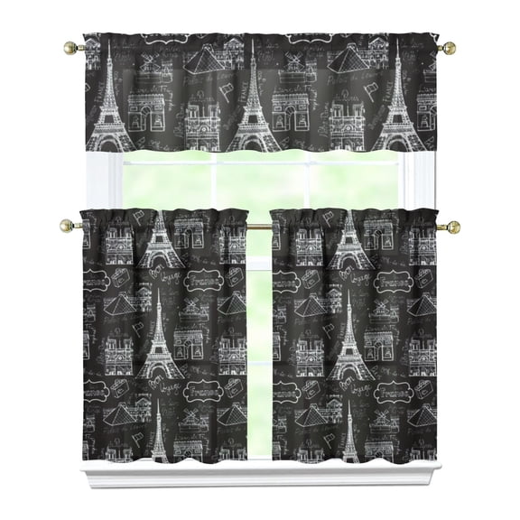 Paris Vacation Travel Kitchen Curtains Set, Girly Pink Fashion Window Drapes with Rod Pocket, Vintage Style Tier and Valance for Holiday Adventure Themed Room or Kitchen