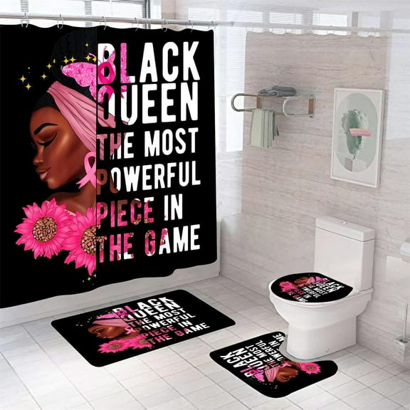 Paris View Sexy Black Woman Shower Curtains for Bathroom, African American with Pink Roses Bathroom Sets with Shower Curtains and Rugs, Eiffel Tower Afro Woman Bath Curtains
