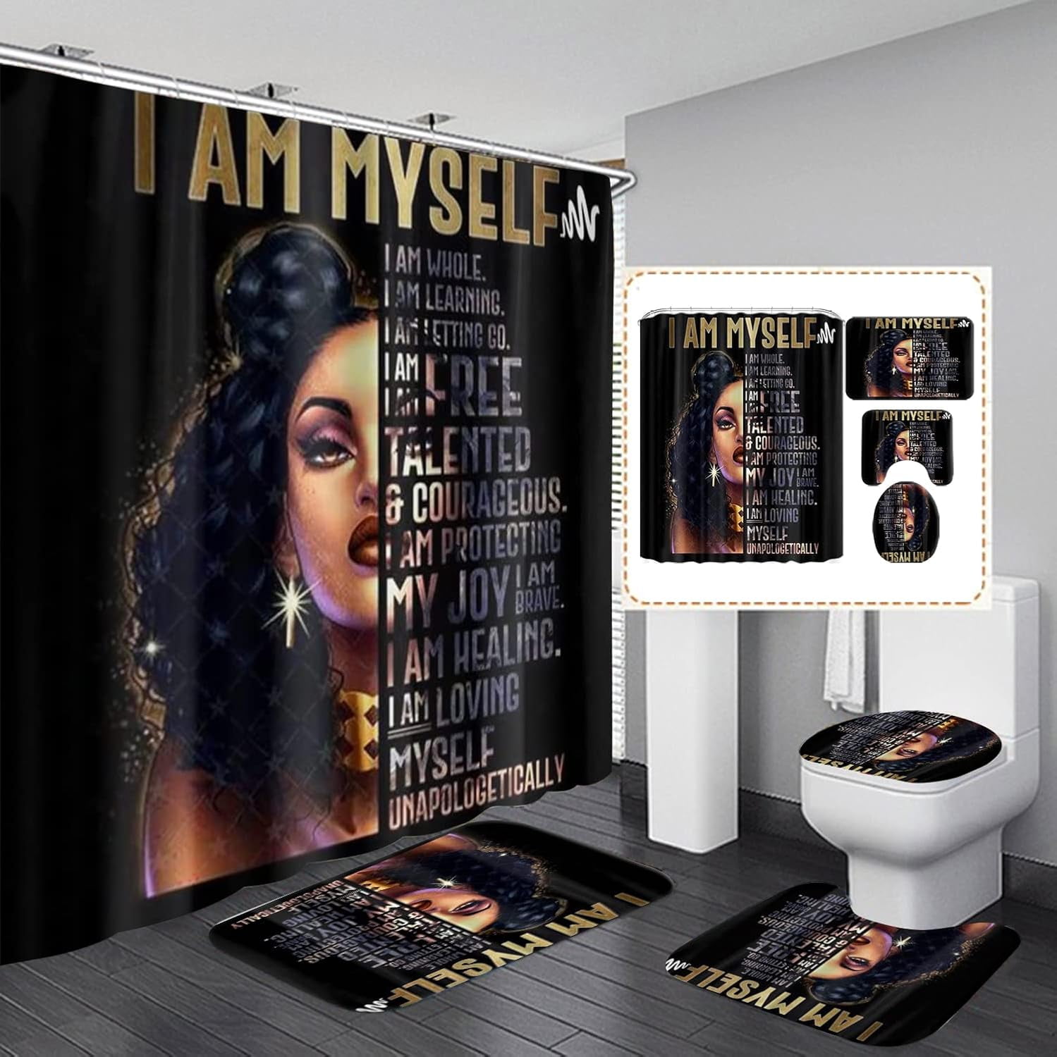 Paris View Sexy Black Woman Shower Curtains for Bathroom, African American with Pink Roses Bathroom Sets with Shower Curtains and Rugs, Eiffel Tower Afro Woman Bath Curtains