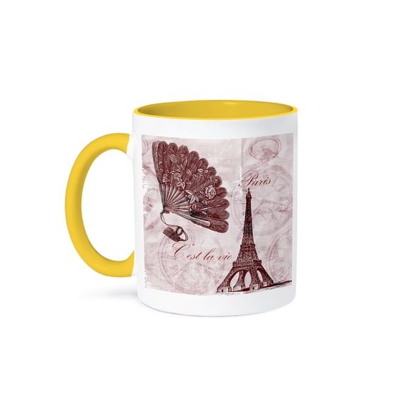 3dRose, Paris Vintage Eiffel Tower Time in Pinks, 11oz Two-Tone Yellow Mug
