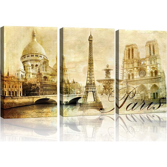 Paris Wall Art Eiffel Tower Canvas Wall Art Paintings Prints Wall Decor Abstract Vintage Pictures Framed Artwork Ready to Hang decorations for Family Living Room Bathroom Bedroom Dining Room Office