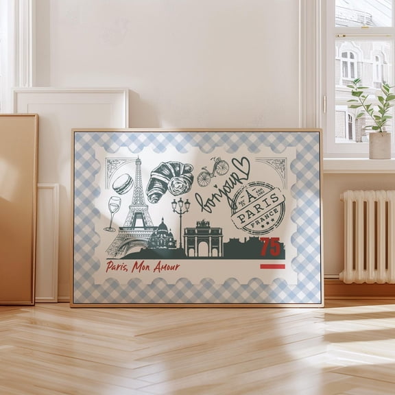 Paris Wall Art Eiffel Tower Decor Famous City Poster Geographic Stamp France Travel Apartment Dorm Design1 Poster, Stretched Size 16x24