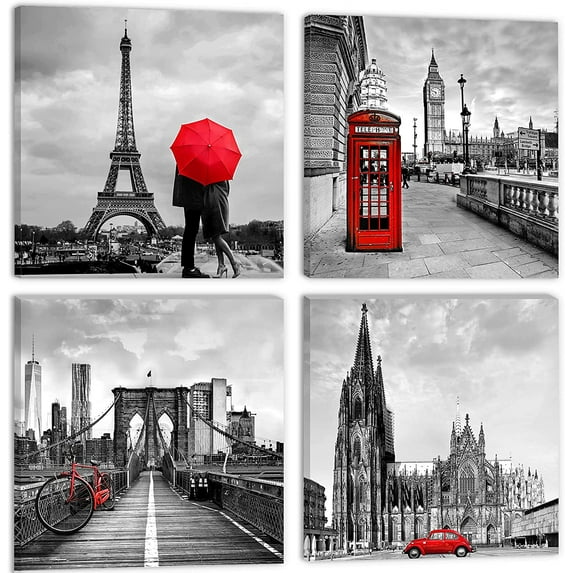 Paris Wall Art Red Bedroom Decor Eiffel Tower Canvas Pictures Black and White London Big Ben New York Berlin City Painting for Living Room Cityscape Artwork Bathroom Home Decorations 16x16 4 pcs