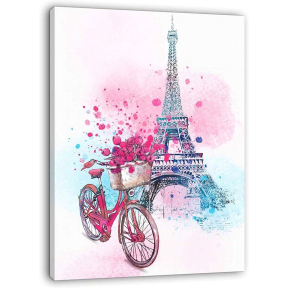 Paris Wall Decor Pink Wall Art for Girls Bedroom Decor Eiffel Tower Decor Modern Artwork for Walls Pink Flowers Bicycle Canvas Prints Wall Decoration for Bathroom Bedroom Kitchen Home Decor 12x16