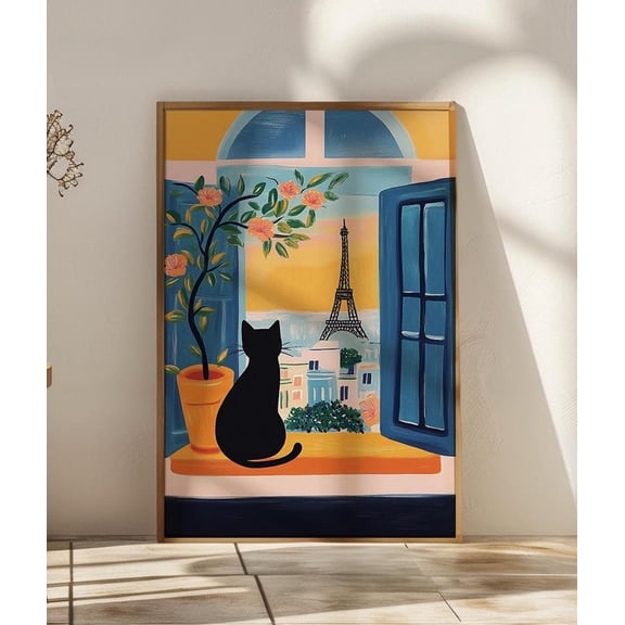Paris Window View Black Cat Art Print, Eiffel Tower Illustration, Cityscape, Unframed Paper Print Size 8x12