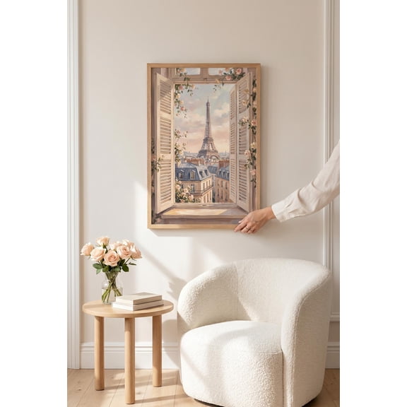 Paris Window View Eiffel Tower Wall Art Print, Unframed Paper Poster 8x10in