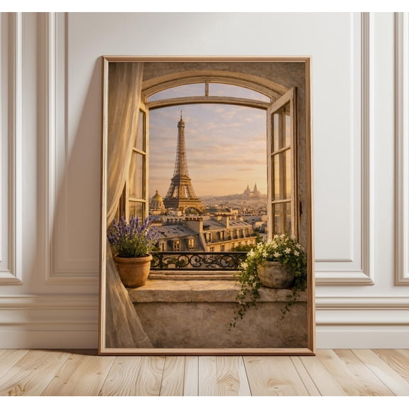 Paris Window View Eiffel Tower Wall Art Print, Unframed Paper Poster 8x10in