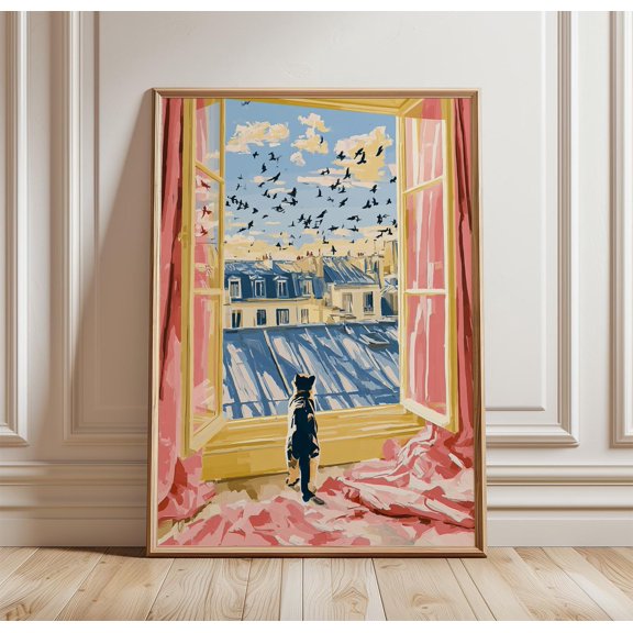 Paris Window View Poster, Cat Print, Cityscape Wall Art, Poster Only