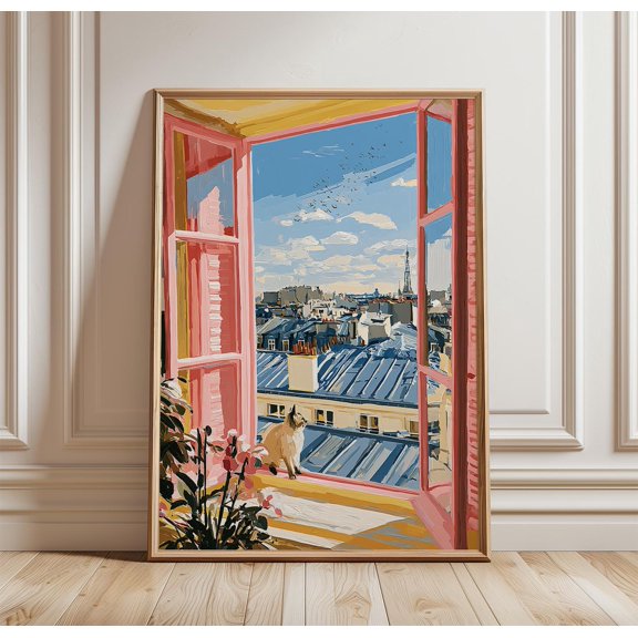 Paris Window View Poster, Cat Print, Cityscape Wall Art, Poster Only