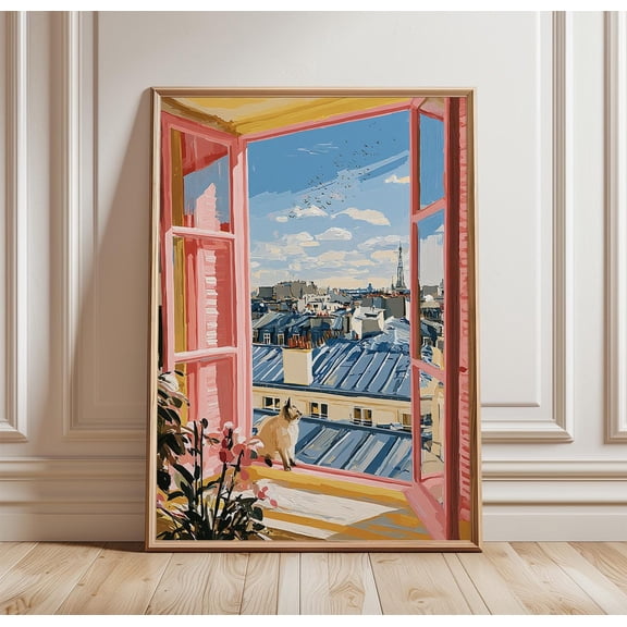Paris Window View Poster Cat Print Cityscape Wall Art