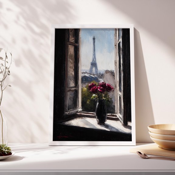Paris Window View Poster Eiffel Tower Poster Romantic Cityscape , Poster Print Only