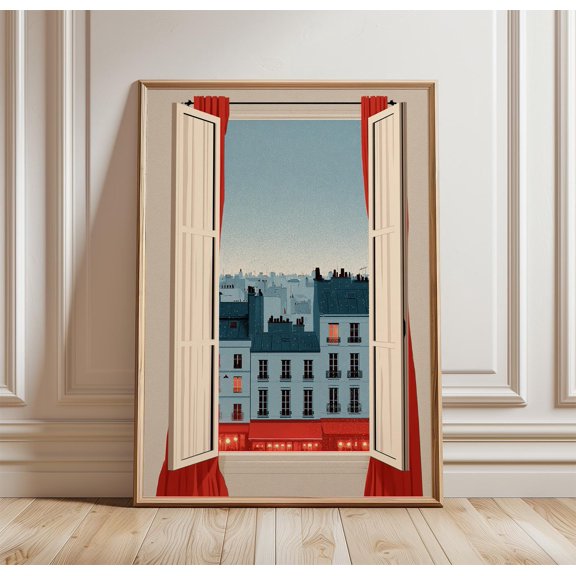 Paris Window View Poster, Rainy Cityscape Print, French Wall Art, Poster Only