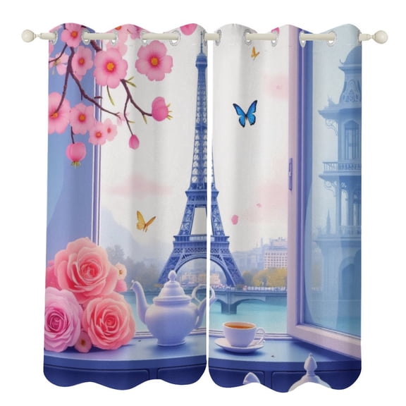 Paris Window View with Eiffel Tower 2 Panels 3D Printing Pattern Curtain for Bedroom Living Room Kitchen Window Decoration Home