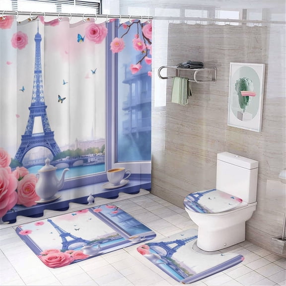 Paris Window View with Eiffel Tower Shower Curtain Waterproof Bathroom Curtain Set with Hooks Home Decor Bathroom Curtains 4pcs