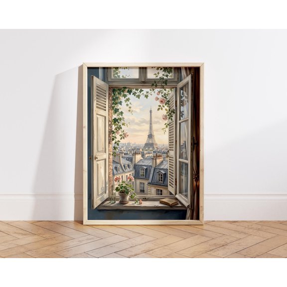 Paris Window Wall Art, Eiffel Tower Rooftops Painting, Romantic French Print (Download), Poster Only