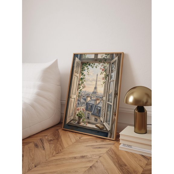 Paris Window Wall Art Print, Eiffel Tower Poster, Vintage French Rooftops Romantic Painting, Poster Only