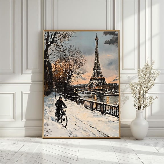 Paris Winter Bicycle Ride Art Poster: Snowy European Cityscape, Size 8x12 UNFFRAMED F03.1.7l2025
