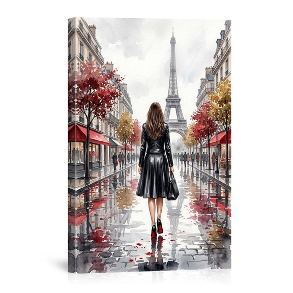 Paris Woman Walking To Eiffel Tower Cityscape Home Canvas
