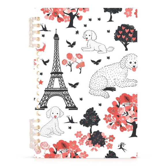 Paris and Poodle Dog Flower Spiral Journal Notebook College Ruled Notebook 8.3" x 5.7" A5 Lined Thick Paper Page
