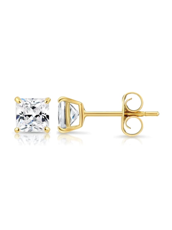 14k Yellow Gold Pushback 3mm, 4mm, 5mm, 6mm, 7mm and 8mm Square CZ Stud Earrings Plated by Paris Jewelry