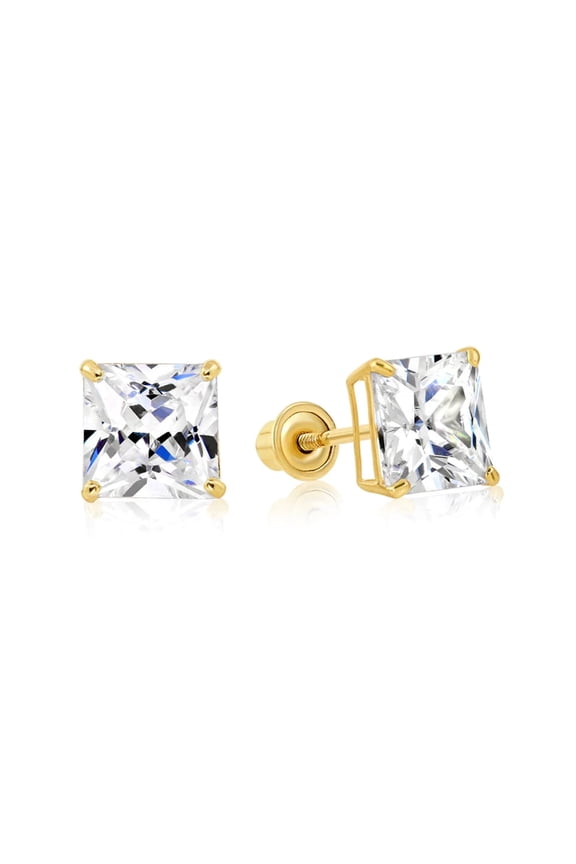 14k Yellow Gold Square CZ Stud Earrings - Screwback Plated by Paris Jewelry