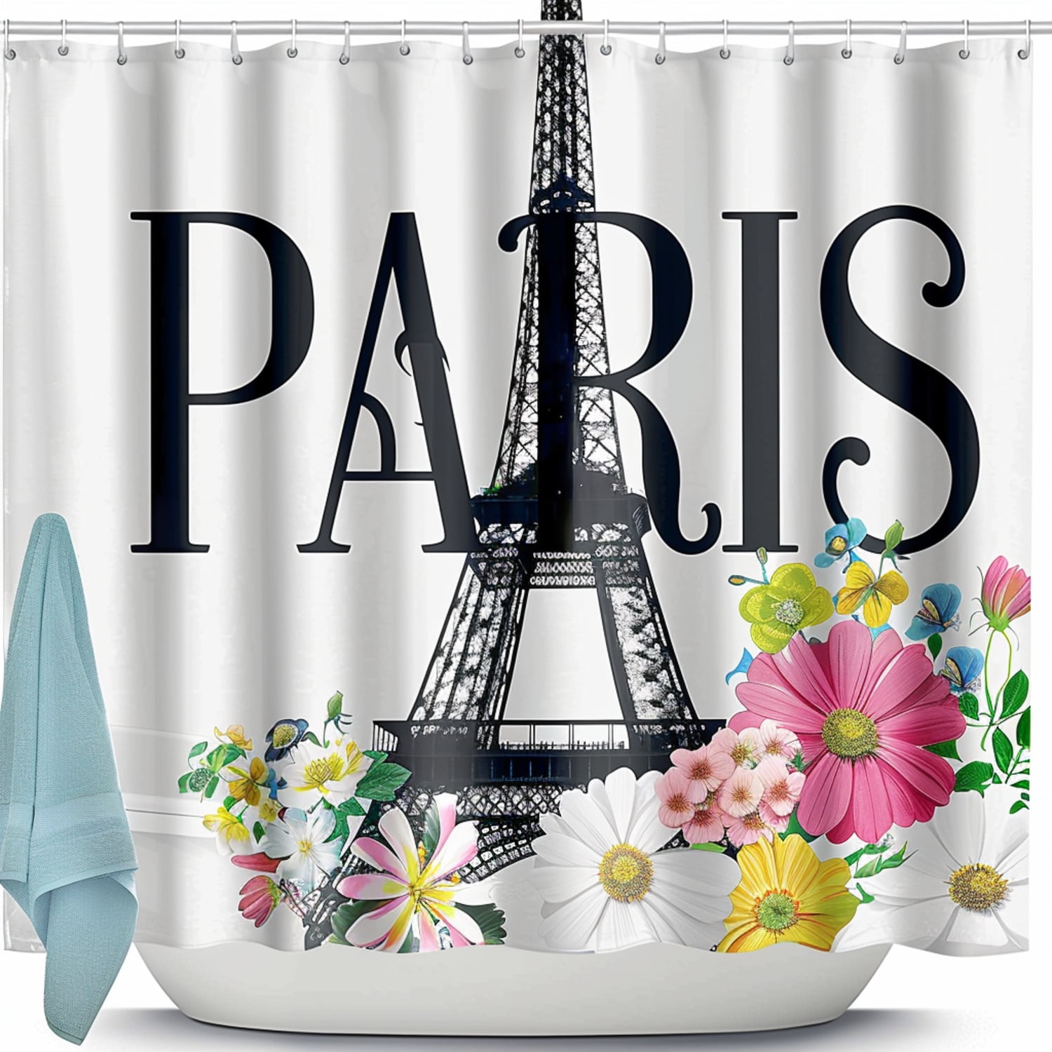 Paristhemed Shower Curtain with Eiffel Tower and Floral Design Modern