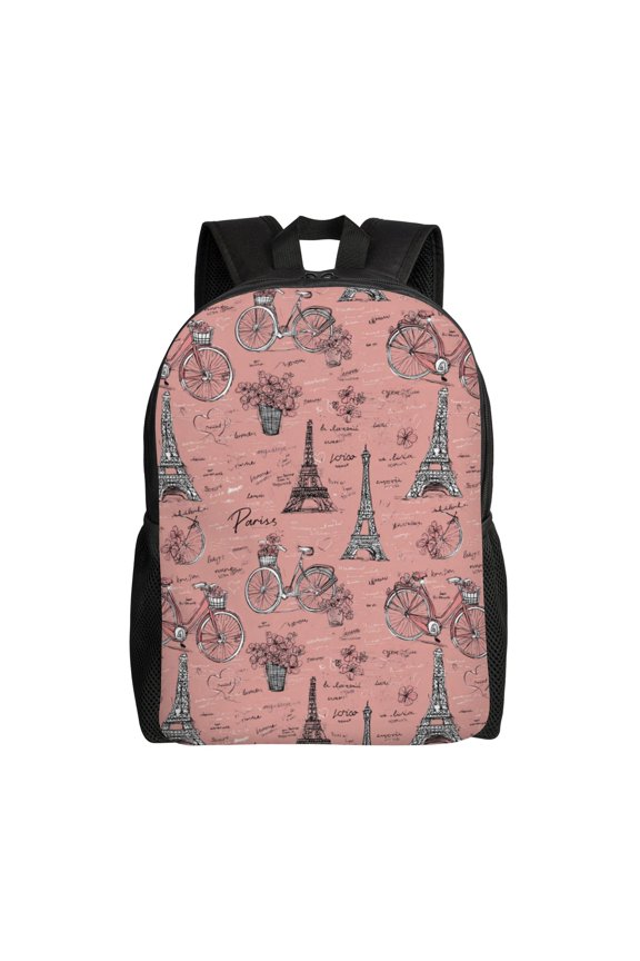 Parisian Bicycle Scene Backpack with 15 Inch Laptop Compartment,Water-Resistant Daypack, Large Capacity Backpack with Adjustable Breathable Shoulder Straps for Daily Use Travel Gym