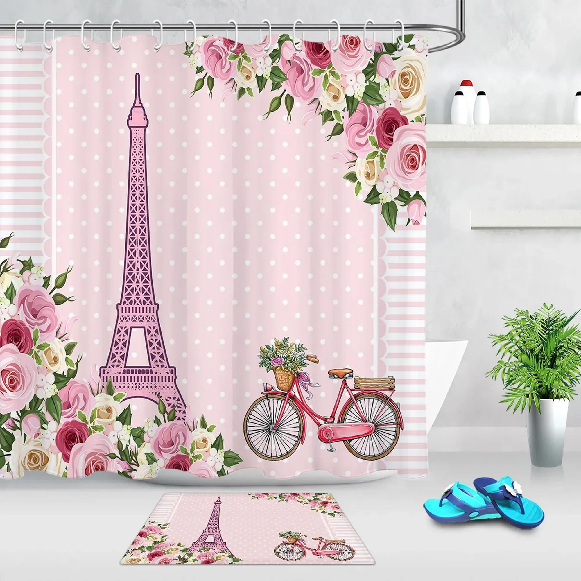 Parisian Blooms Eiffel Tower Bicycle Shower Curtain Set for a Spring