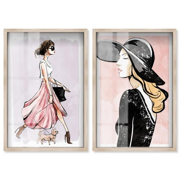 Parisian Blush Glam Set Shadowbox Fashion Prints by Art Remedy, Blonde Frame, 30 x 45