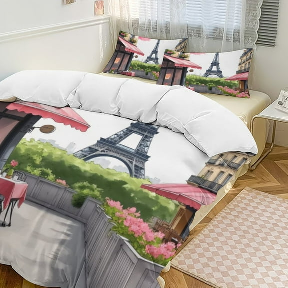 Parisian Cafe And Eiffel Tower Duvet Cover Set Bedding Set Polyester Quilt Cover for Bedroom Decoration