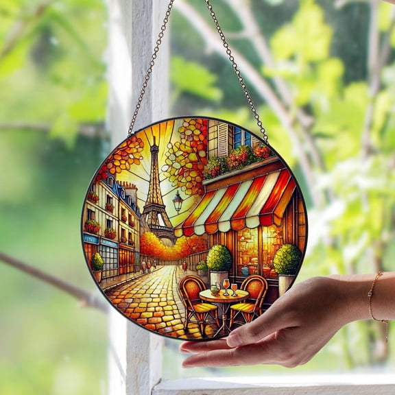 Parisian Cafe Scene Glass Suncatcher, Romantic French Street Art, Travel City Lover, 3.5 in